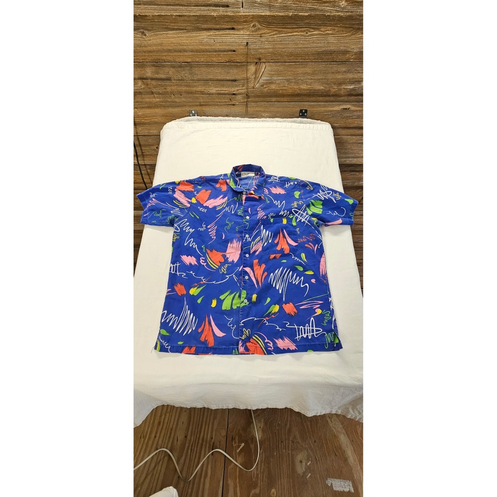 Vintage Repage Abstract Print Button Up Shirt Blue 80s Retro Short Sleeve Mens